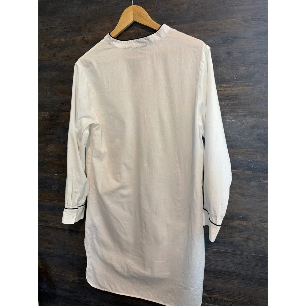 Airelles White 100% Cotton Liquette Tunic Shirt Mandarin Collar Navy Trim Size S - Picture 2 of 4